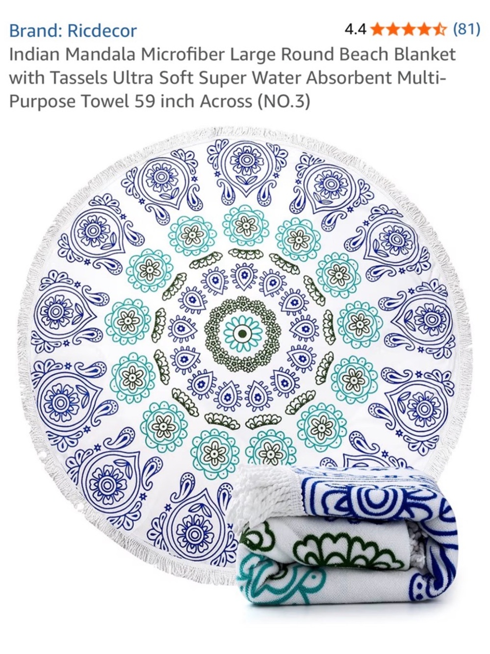 Ricdecor Round Mandala Beach Towel - White with Blue & Teal Print
